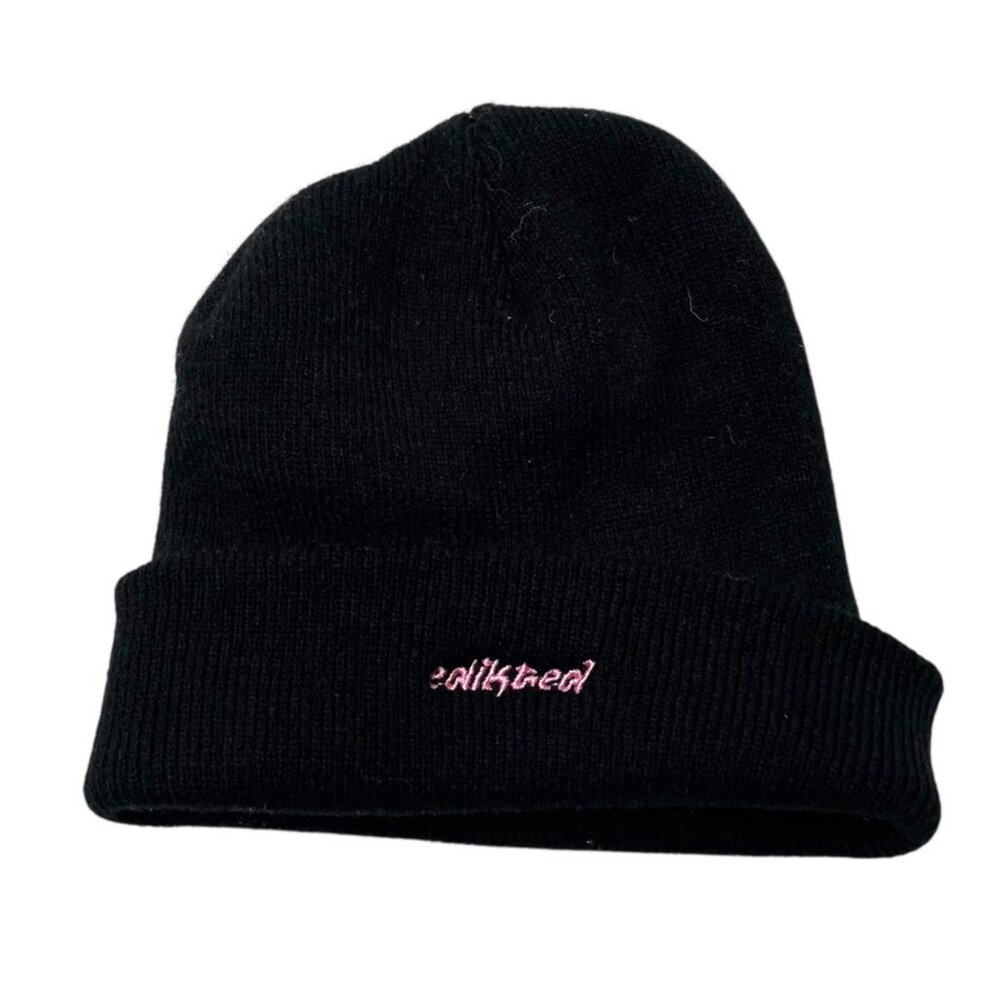 Edikted Embroidered Black Cuffed Ribbed Knit Beanie Hat
